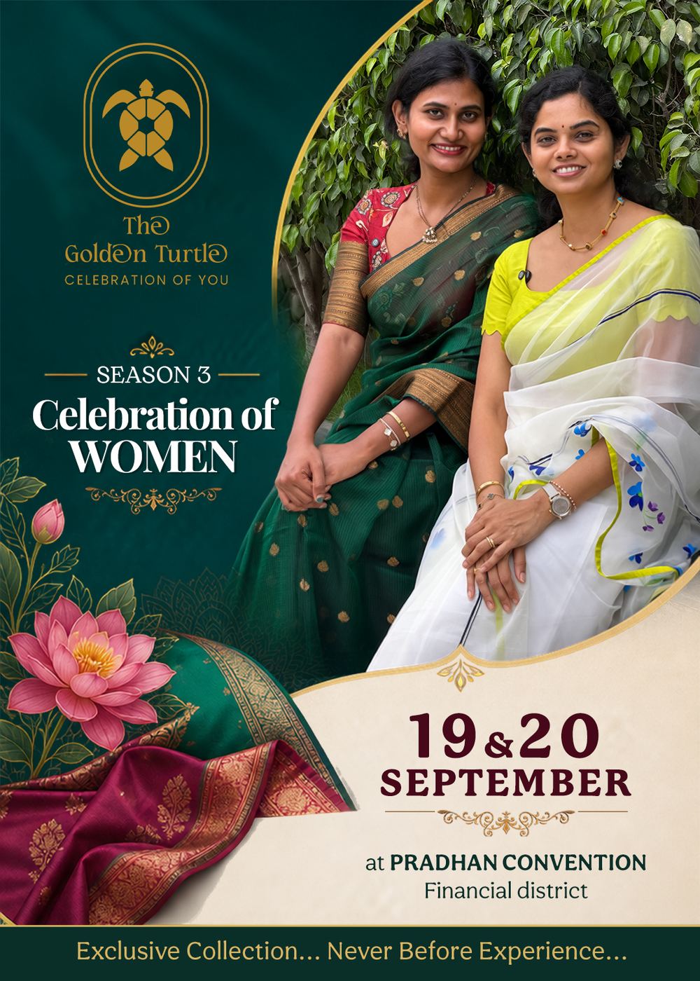 Golden Turtle Hyderabad Expo Poster for Designer Garments, Traditional Dresses and Jewelry